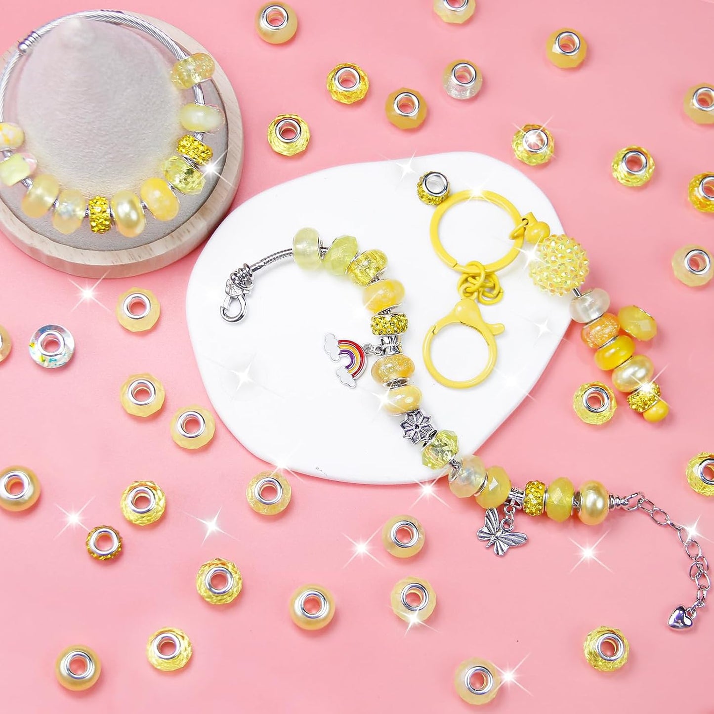 100 Pcs European Craft Beads Large Hole Spacer Beads, Assorted European Craft Bead Yellow Rhinestone Lampwork Beads Large Hole Spacer Bead for DIY Charms Bracelet Necklace Jewelry Making Supplies