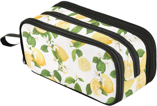 Fresh Summer Lemons Leaves Floral Large Pencil Pen Case Stationery Bag, 3 Compartments School College Office Desk Organizer Storage Pouch Marker for Teen Boys Girls Students