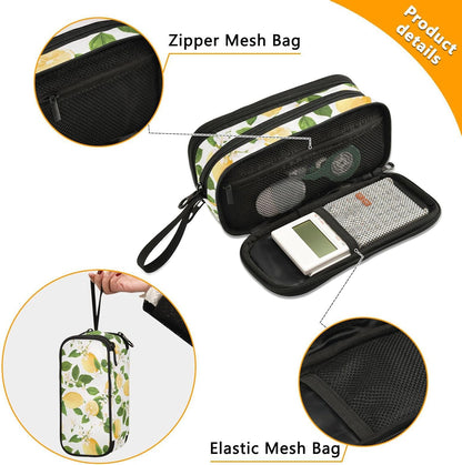 Fresh Summer Lemons Leaves Floral Large Pencil Pen Case Stationery Bag, 3 Compartments School College Office Desk Organizer Storage Pouch Marker for Teen Boys Girls Students