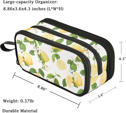 Fresh Summer Lemons Leaves Floral Large Pencil Pen Case Stationery Bag, 3 Compartments School College Office Desk Organizer Storage Pouch Marker for Teen Boys Girls Students