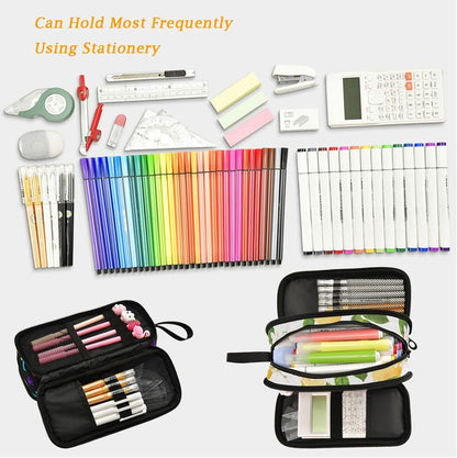 Fresh Summer Lemons Leaves Floral Large Pencil Pen Case Stationery Bag, 3 Compartments School College Office Desk Organizer Storage Pouch Marker for Teen Boys Girls Students