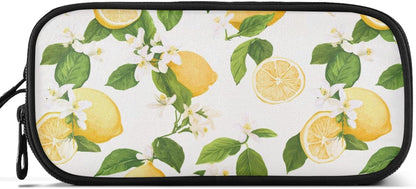 Fresh Summer Lemons Leaves Floral Large Pencil Pen Case Stationery Bag, 3 Compartments School College Office Desk Organizer Storage Pouch Marker for Teen Boys Girls Students
