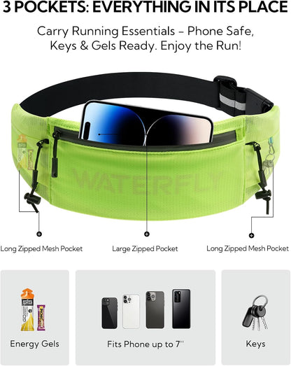 Running Belt Fanny Pack, Runner Race Belt with Bib Clip Yellow | Breathable, 3 Pocket Waist Bag for Men Women, Phone Holder Fits All Phones for Marathon Jogging Workout Exercise Fitness