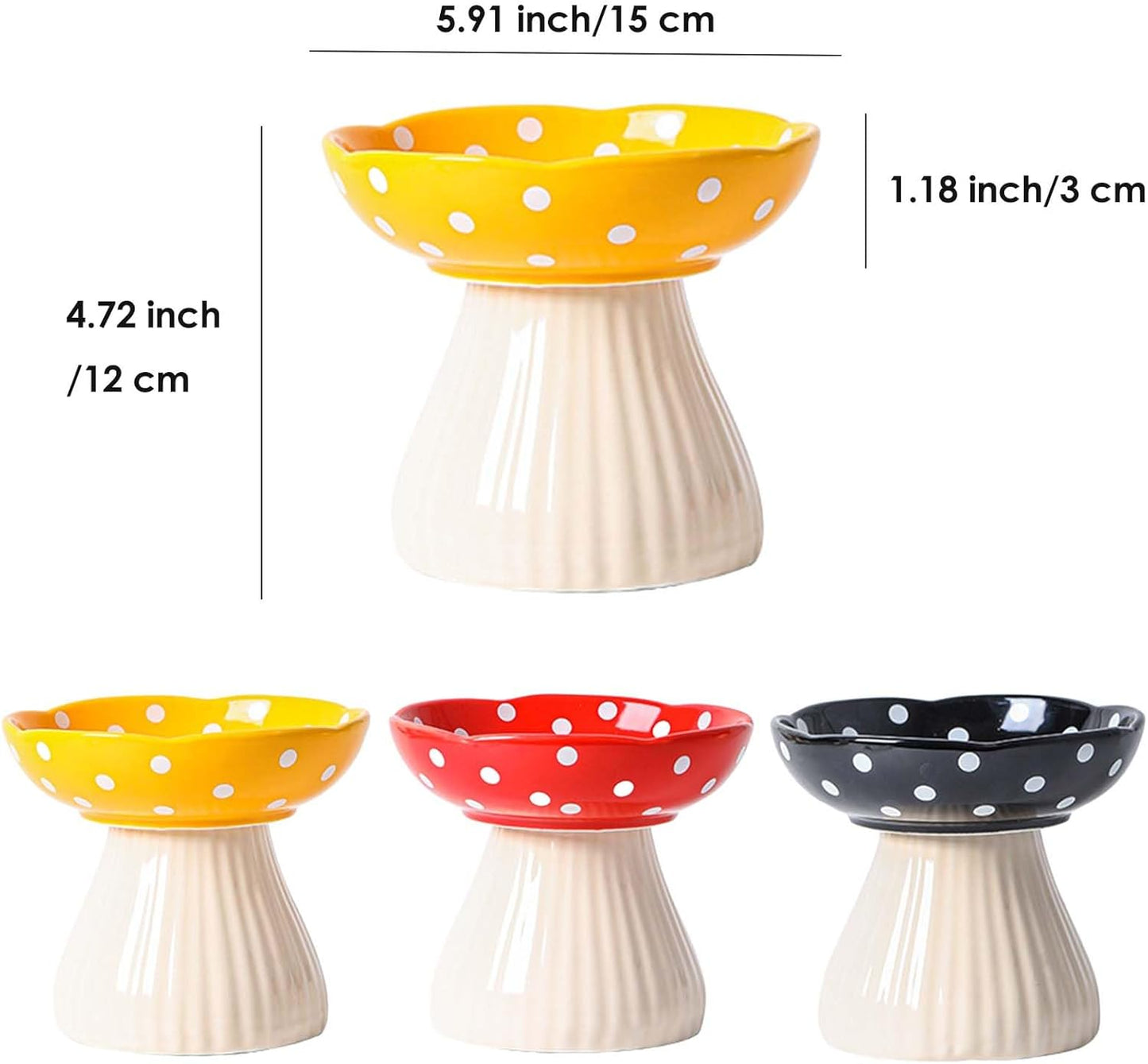Mushroom Cat Bowl, Raised Ceramic Cat Food Dish for Whisker Fatigue, Forest Style Pet Water Bowl, Elevated Tilted Neck Protection Feeder for Indoor (Yellow)