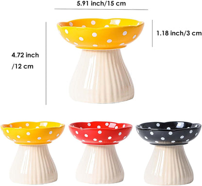 Mushroom Cat Bowl, Raised Ceramic Cat Food Dish for Whisker Fatigue, Forest Style Pet Water Bowl, Elevated Tilted Neck Protection Feeder for Indoor (Yellow)