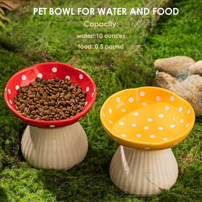 Mushroom Cat Bowl, Raised Ceramic Cat Food Dish for Whisker Fatigue, Forest Style Pet Water Bowl, Elevated Tilted Neck Protection Feeder for Indoor (Yellow)