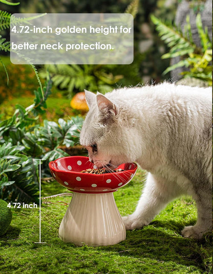 Mushroom Cat Bowl, Raised Ceramic Cat Food Dish for Whisker Fatigue, Forest Style Pet Water Bowl, Elevated Tilted Neck Protection Feeder for Indoor (Yellow)