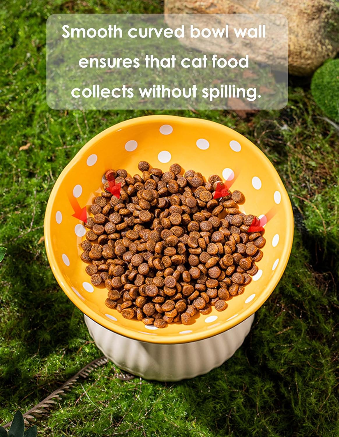 Mushroom Cat Bowl, Raised Ceramic Cat Food Dish for Whisker Fatigue, Forest Style Pet Water Bowl, Elevated Tilted Neck Protection Feeder for Indoor (Yellow)