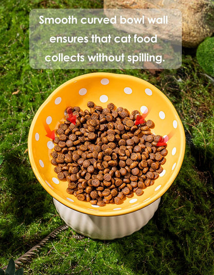Mushroom Cat Bowl, Raised Ceramic Cat Food Dish for Whisker Fatigue, Forest Style Pet Water Bowl, Elevated Tilted Neck Protection Feeder for Indoor (Yellow)