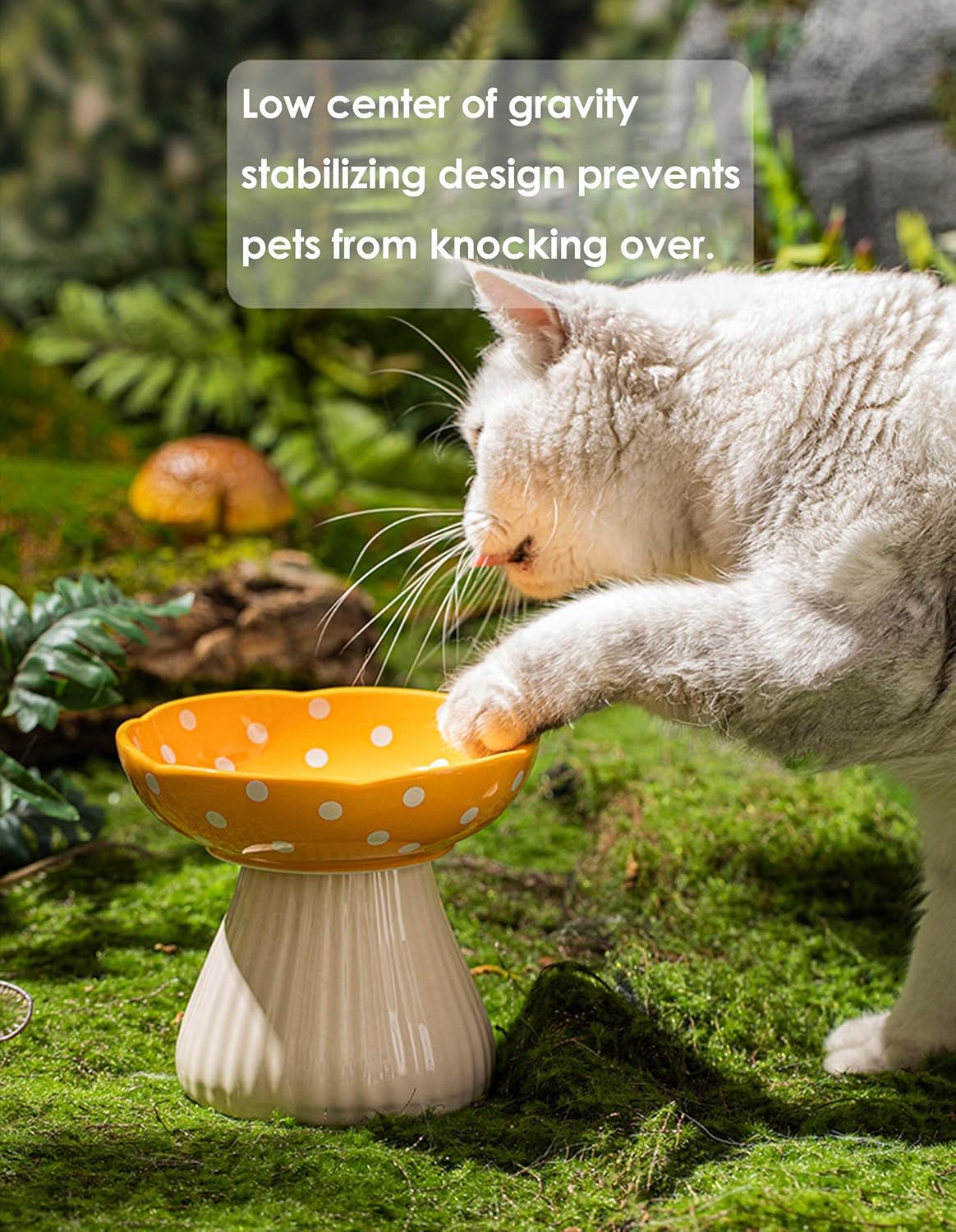Mushroom Cat Bowl, Raised Ceramic Cat Food Dish for Whisker Fatigue, Forest Style Pet Water Bowl, Elevated Tilted Neck Protection Feeder for Indoor (Yellow)