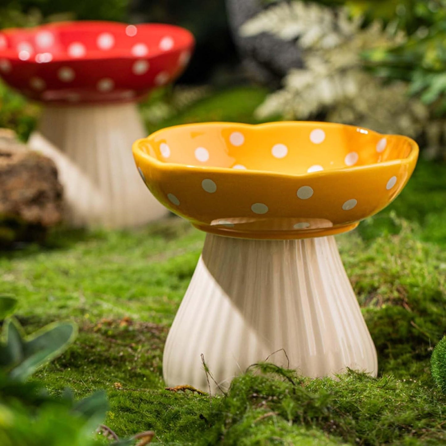 Mushroom Cat Bowl, Raised Ceramic Cat Food Dish for Whisker Fatigue, Forest Style Pet Water Bowl, Elevated Tilted Neck Protection Feeder for Indoor (Yellow)