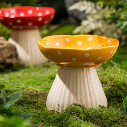 Mushroom Cat Bowl, Raised Ceramic Cat Food Dish for Whisker Fatigue, Forest Style Pet Water Bowl, Elevated Tilted Neck Protection Feeder for Indoor (Yellow)