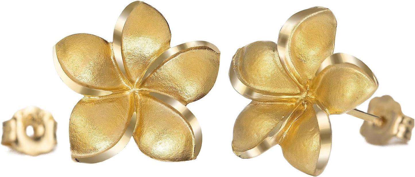 14K Solid Yellow Gold Hawaiian Plumeria Flower Stud Earrings, Nickle Free Hypoallergenic for Sensitive Skin, For Mom Women Daughter, Gift Box Included (14K Yellow Gold - 9mm)