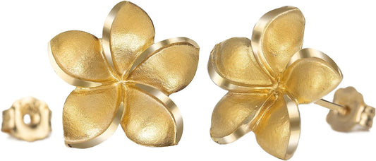14K Solid Yellow Gold Hawaiian Plumeria Flower Stud Earrings, Nickle Free Hypoallergenic for Sensitive Skin, For Mom Women Daughter, Gift Box Included (14K Yellow Gold - 9mm)