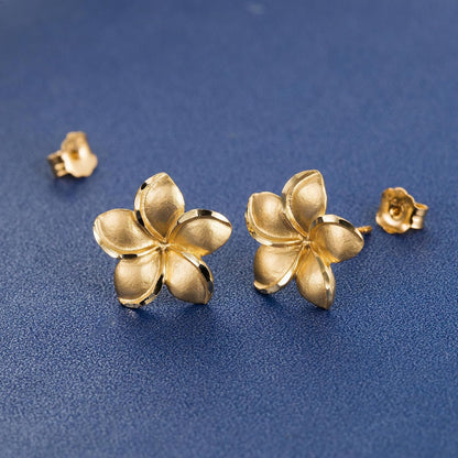 14K Solid Yellow Gold Hawaiian Plumeria Flower Stud Earrings, Nickle Free Hypoallergenic for Sensitive Skin, For Mom Women Daughter, Gift Box Included (14K Yellow Gold - 9mm)