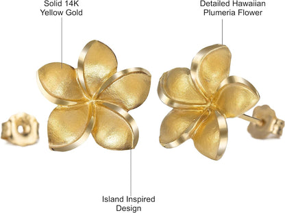 14K Solid Yellow Gold Hawaiian Plumeria Flower Stud Earrings, Nickle Free Hypoallergenic for Sensitive Skin, For Mom Women Daughter, Gift Box Included (14K Yellow Gold - 9mm)