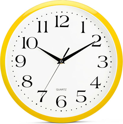 Yellow Wall Clock 12 inch Silent Non Ticking Battery Operated Quartz Easy to Read Round Classroom Home Decor for Kids Playroom Baby Room Nursery Fun