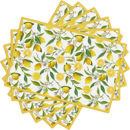 Lemon Placemats Set of 6 18x12 Inch Summer Fruit Yellow Linen Place Mats Heat-Resistant Washable Wipeable Flowers Table Mat for Party Kitchen Dining Room Dinner Table Decor
