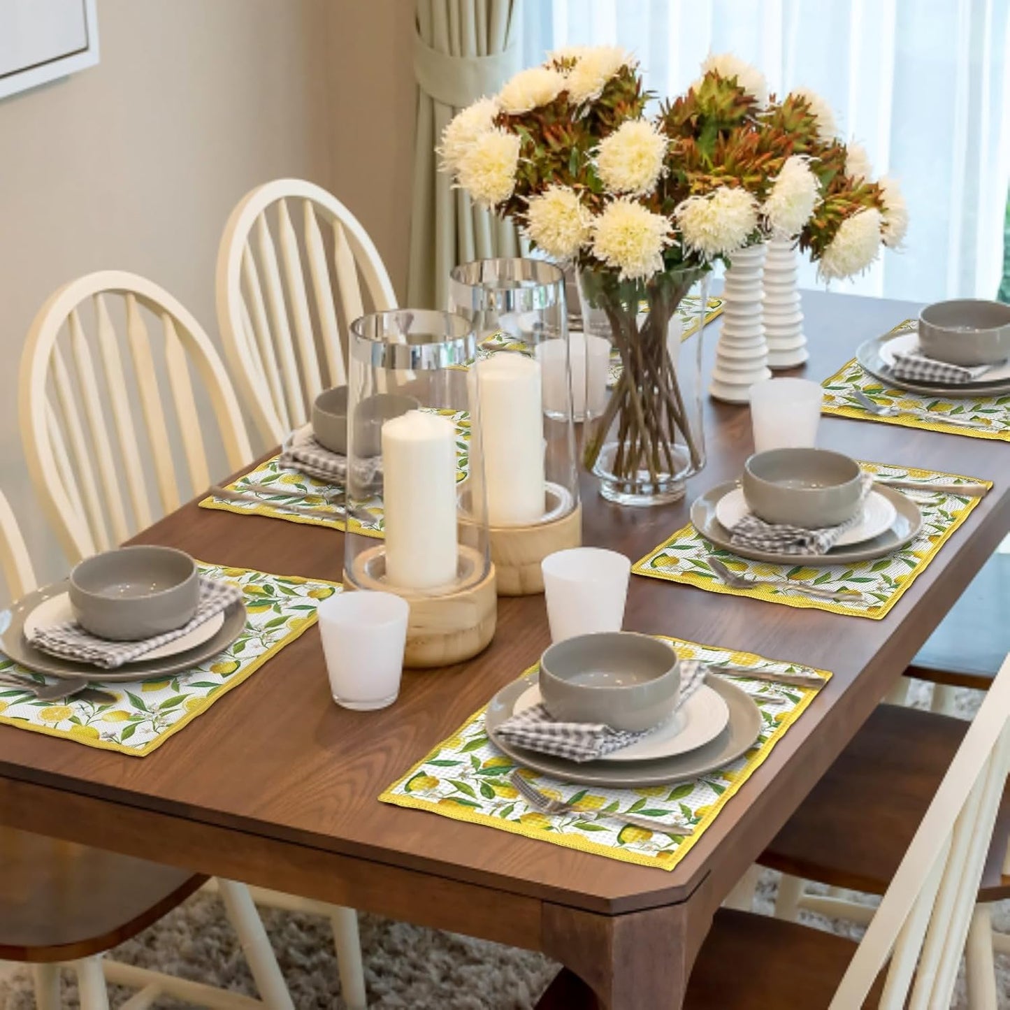 Lemon Placemats Set of 6 18x12 Inch Summer Fruit Yellow Linen Place Mats Heat-Resistant Washable Wipeable Flowers Table Mat for Party Kitchen Dining Room Dinner Table Decor