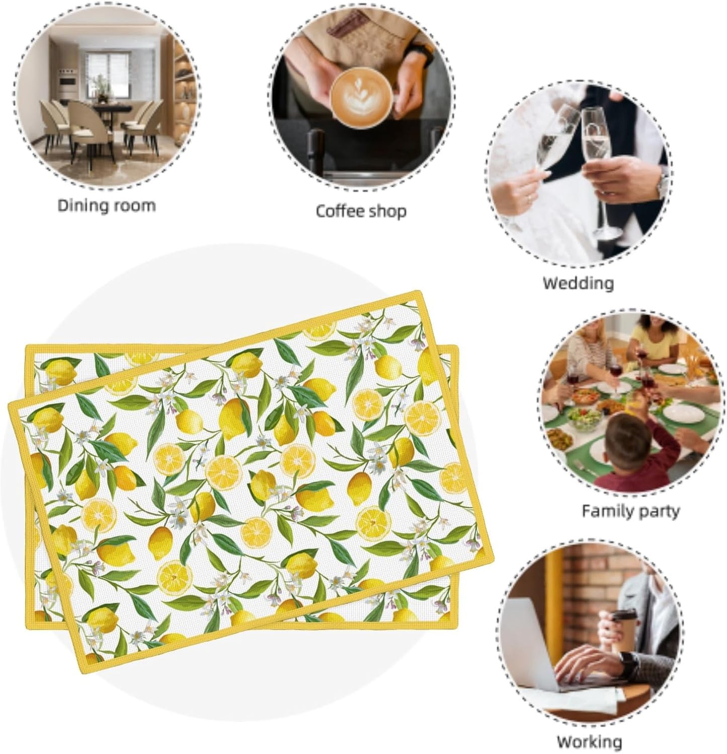 Lemon Placemats Set of 6 18x12 Inch Summer Fruit Yellow Linen Place Mats Heat-Resistant Washable Wipeable Flowers Table Mat for Party Kitchen Dining Room Dinner Table Decor