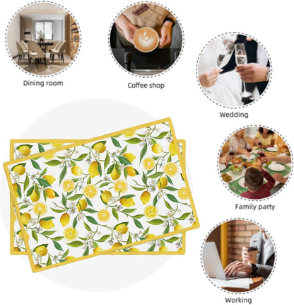 Lemon Placemats Set of 6 18x12 Inch Summer Fruit Yellow Linen Place Mats Heat-Resistant Washable Wipeable Flowers Table Mat for Party Kitchen Dining Room Dinner Table Decor