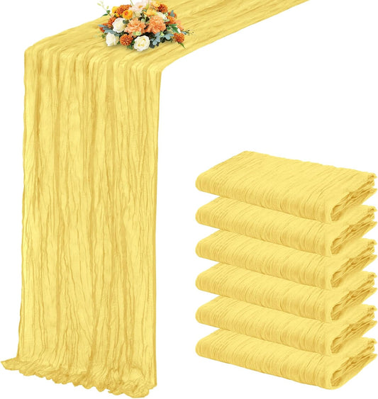 6 Pack Light Yellow Table Runner 17x108 Inch Cheesecloth Table Runner Boho Gauze Table Runners Romantic Rustic Fabric Cheese Cloth Table Runners for Wedding Party Baby Shower Birthday Home Decor