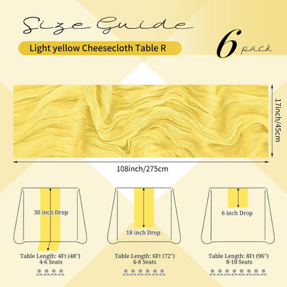 6 Pack Light Yellow Table Runner 17x108 Inch Cheesecloth Table Runner Boho Gauze Table Runners Romantic Rustic Fabric Cheese Cloth Table Runners for Wedding Party Baby Shower Birthday Home Decor