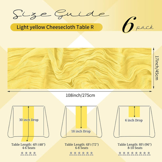 6 Pack Light Yellow Table Runner 17x108 Inch Cheesecloth Table Runner Boho Gauze Table Runners Romantic Rustic Fabric Cheese Cloth Table Runners for Wedding Party Baby Shower Birthday Home Decor