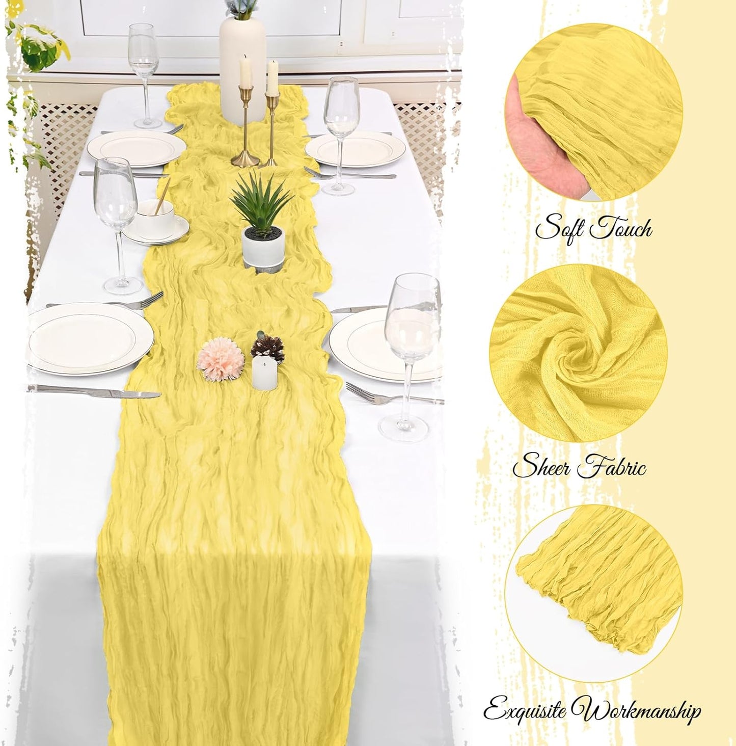 6 Pack Light Yellow Table Runner 17x108 Inch Cheesecloth Table Runner Boho Gauze Table Runners Romantic Rustic Fabric Cheese Cloth Table Runners for Wedding Party Baby Shower Birthday Home Decor