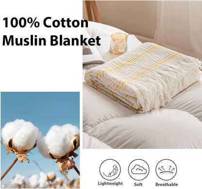 Yarn Dyed Striped Cotton Muslin Throw Blanket for Bed, Couch, Knit Woven Blanket with Tassels Soft Lightweight Cozy Pre-Washed Breathable Farmhouse Decoration for All-Season(Yellow)