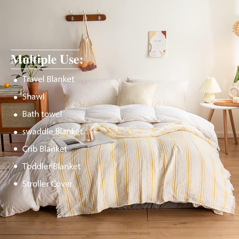Yarn Dyed Striped Cotton Muslin Throw Blanket for Bed, Couch, Knit Woven Blanket with Tassels Soft Lightweight Cozy Pre-Washed Breathable Farmhouse Decoration for All-Season(Yellow)