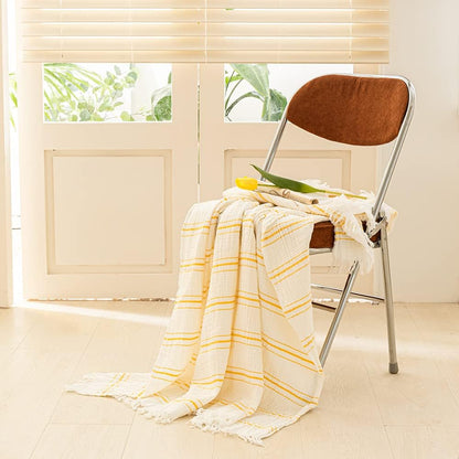 Yarn Dyed Striped Cotton Muslin Throw Blanket for Bed, Couch, Knit Woven Blanket with Tassels Soft Lightweight Cozy Pre-Washed Breathable Farmhouse Decoration for All-Season(Yellow)