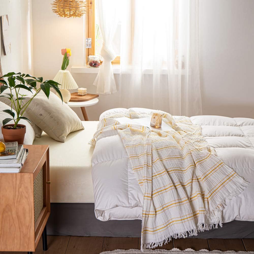 Yarn Dyed Striped Cotton Muslin Throw Blanket for Bed, Couch, Knit Woven Blanket with Tassels Soft Lightweight Cozy Pre-Washed Breathable Farmhouse Decoration for All-Season(Yellow)