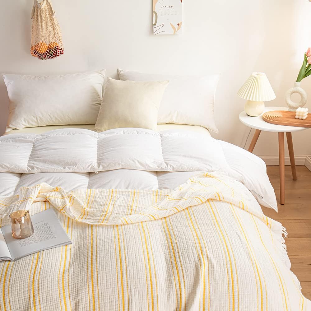 Yarn Dyed Striped Cotton Muslin Throw Blanket for Bed, Couch, Knit Woven Blanket with Tassels Soft Lightweight Cozy Pre-Washed Breathable Farmhouse Decoration for All-Season(Yellow)