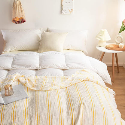 Yarn Dyed Striped Cotton Muslin Throw Blanket for Bed, Couch, Knit Woven Blanket with Tassels Soft Lightweight Cozy Pre-Washed Breathable Farmhouse Decoration for All-Season(Yellow)