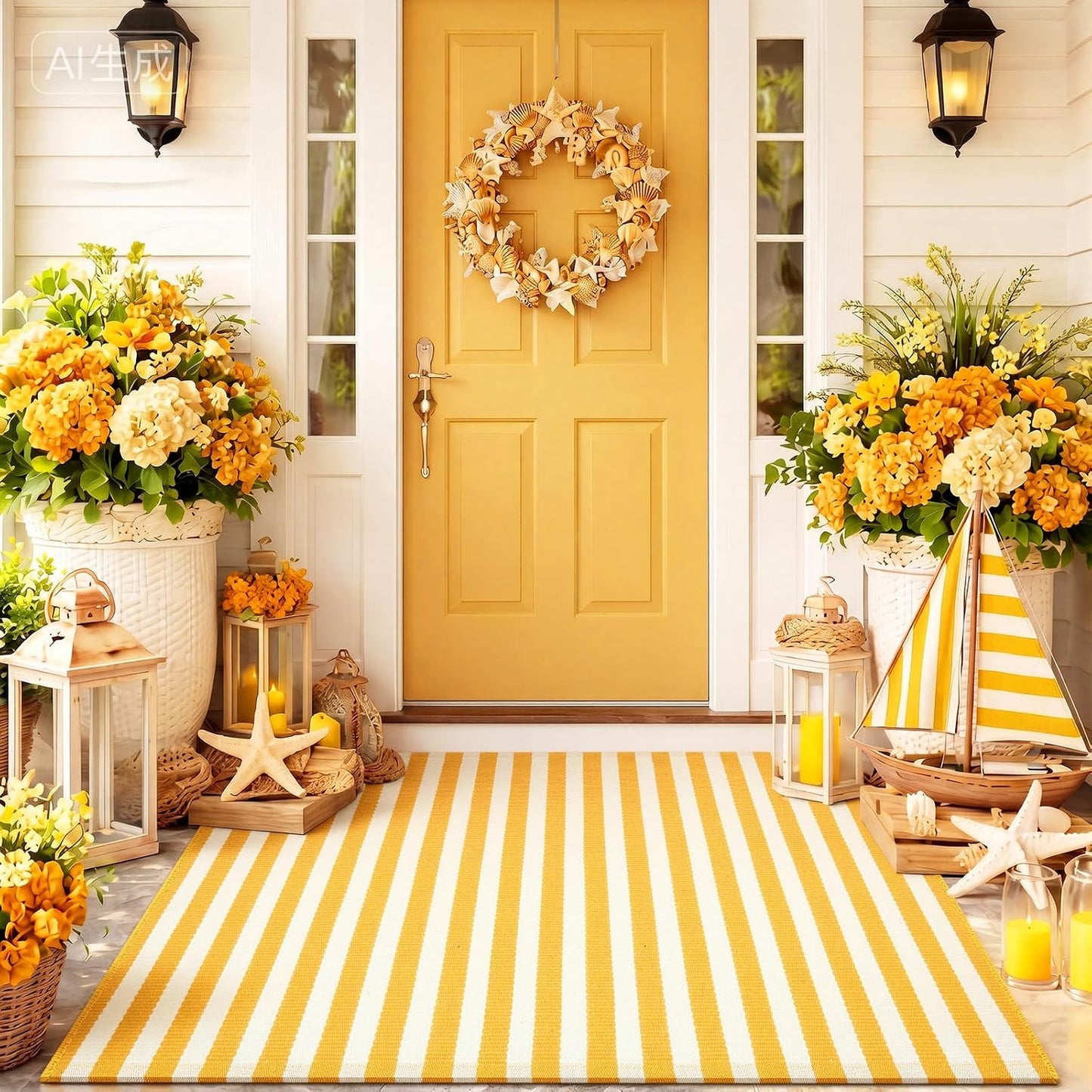 Yellow and White Summer Striped Rug 2'4'' x 3'7'' Outdoor Front Porch Door Mat Polyester Washable Entryway Rug for Home Farmhouse Decor
