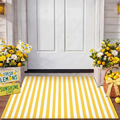 Yellow and White Summer Striped Rug 2'4'' x 3'7'' Outdoor Front Porch Door Mat Polyester Washable Entryway Rug for Home Farmhouse Decor