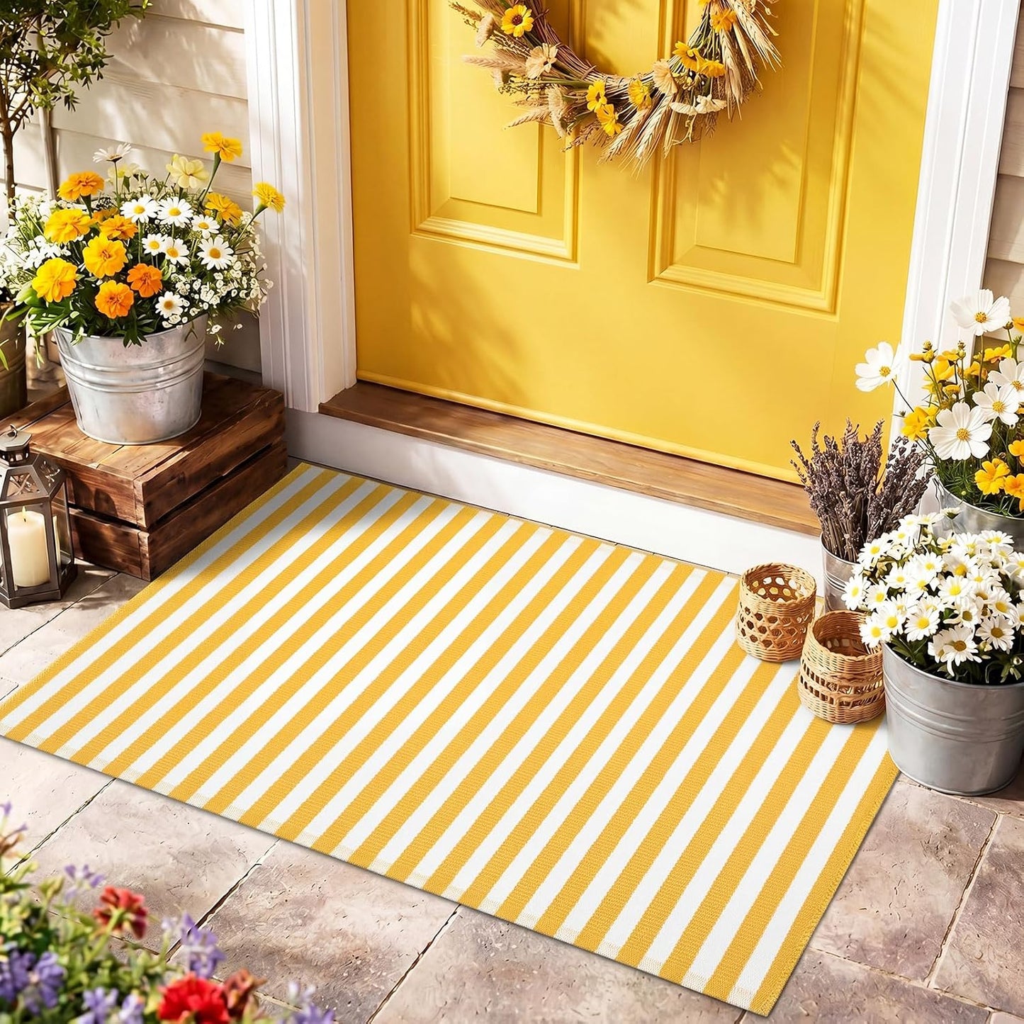 Yellow and White Summer Striped Rug 2'4'' x 3'7'' Outdoor Front Porch Door Mat Polyester Washable Entryway Rug for Home Farmhouse Decor
