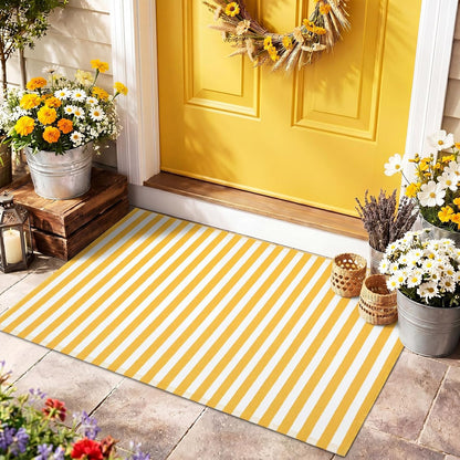 Yellow and White Summer Striped Rug 2'4'' x 3'7'' Outdoor Front Porch Door Mat Polyester Washable Entryway Rug for Home Farmhouse Decor