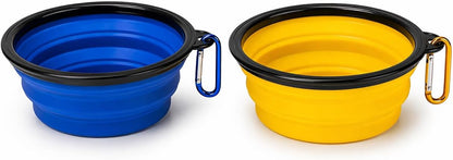 Collapsible Dog Bowl 2-Pack (Blue & Yellow) – Portable Travel Pet Bowl, Foldable Silicone Food & Water Dish with Carabiner Clip for Dogs & Cats, Lightweight & Waterproof