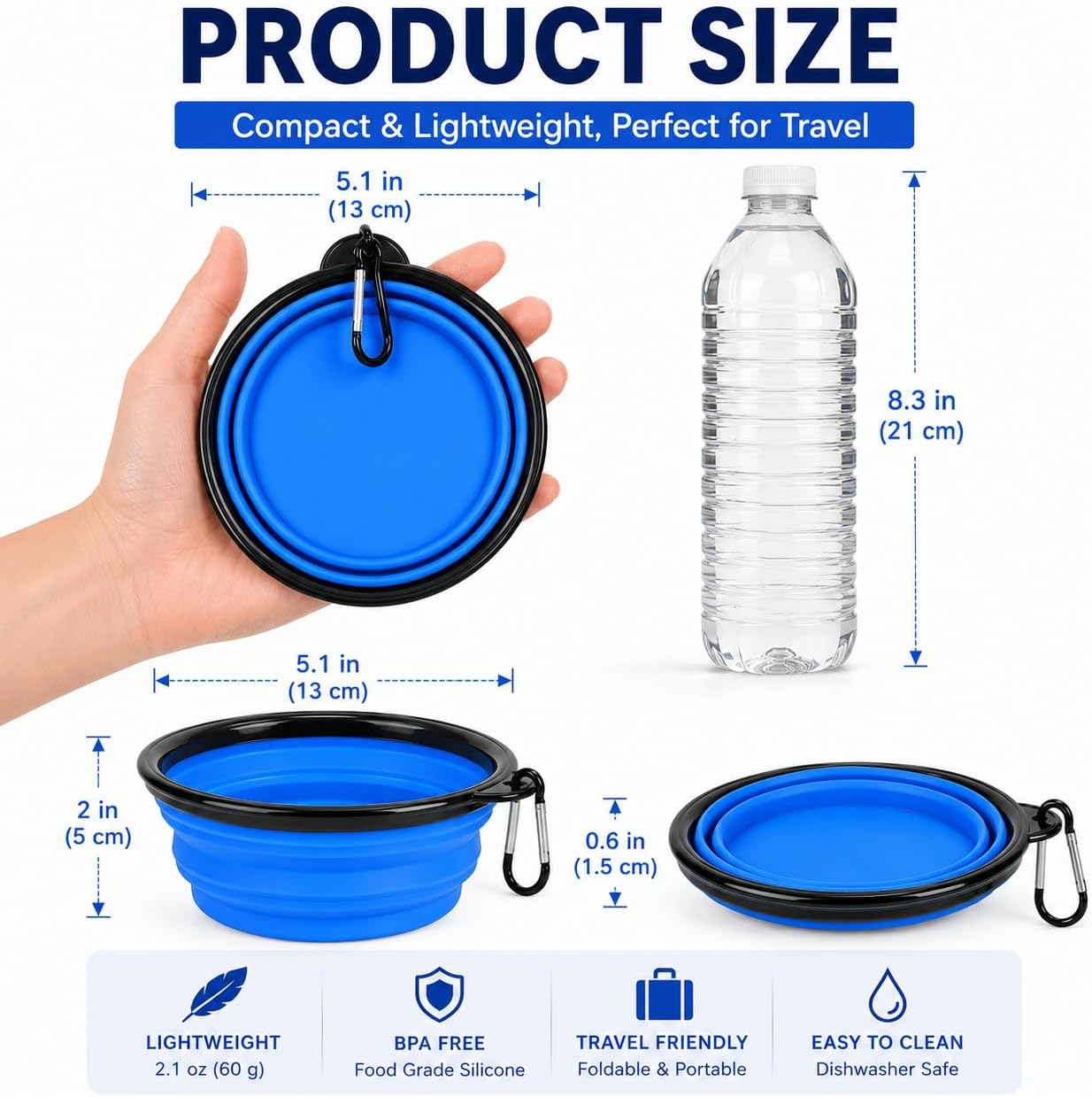 Collapsible Dog Bowl 2-Pack (Blue & Yellow) – Portable Travel Pet Bowl, Foldable Silicone Food & Water Dish with Carabiner Clip for Dogs & Cats, Lightweight & Waterproof