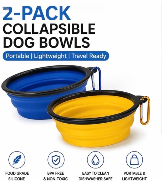 Collapsible Dog Bowl 2-Pack (Blue & Yellow) – Portable Travel Pet Bowl, Foldable Silicone Food & Water Dish with Carabiner Clip for Dogs & Cats, Lightweight & Waterproof