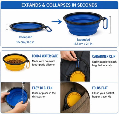 Collapsible Dog Bowl 2-Pack (Blue & Yellow) – Portable Travel Pet Bowl, Foldable Silicone Food & Water Dish with Carabiner Clip for Dogs & Cats, Lightweight & Waterproof