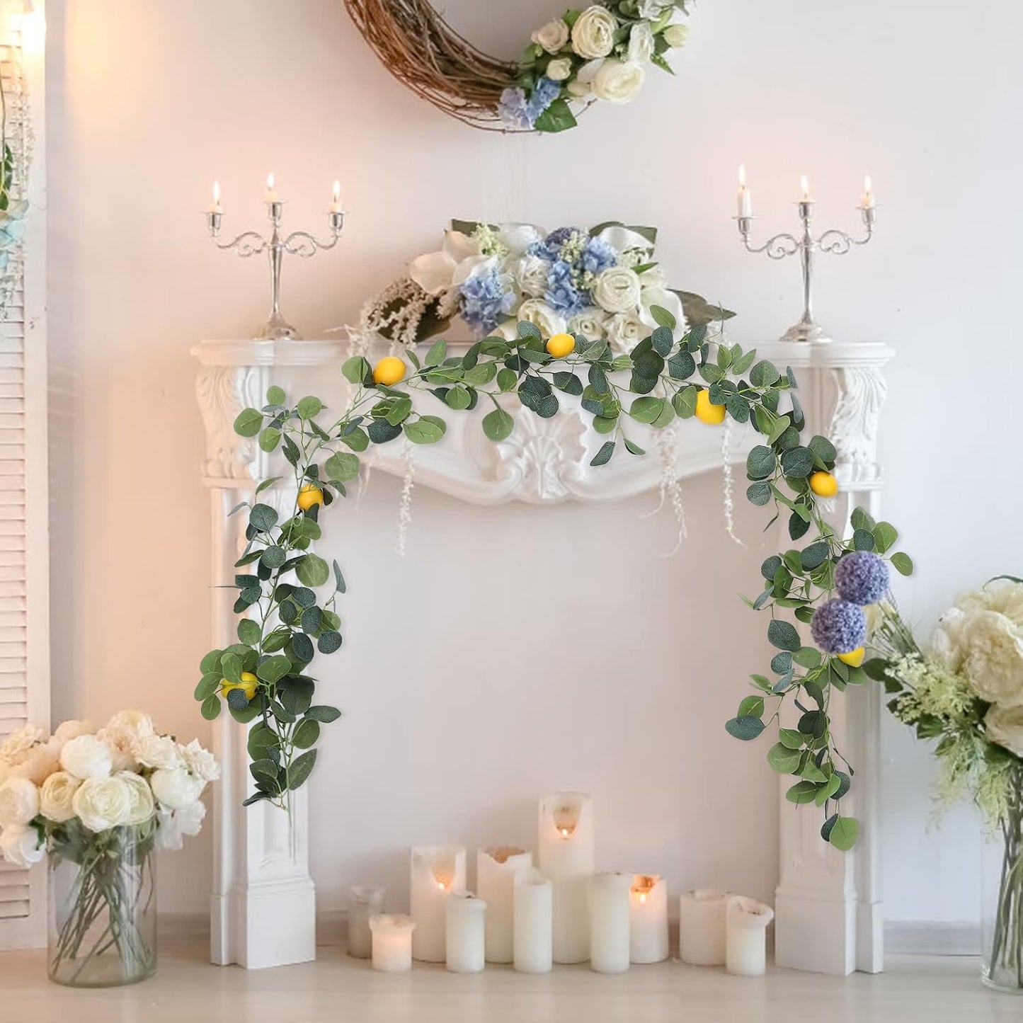 6.5 Ft Artificial Lemon Garland with Lemons and Green Eucalyptus Leaves for Front Door Kitchen Party Table Wedding Decor (1 Pcs)