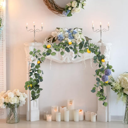 6.5 Ft Artificial Lemon Garland with Lemons and Green Eucalyptus Leaves for Front Door Kitchen Party Table Wedding Decor (1 Pcs)