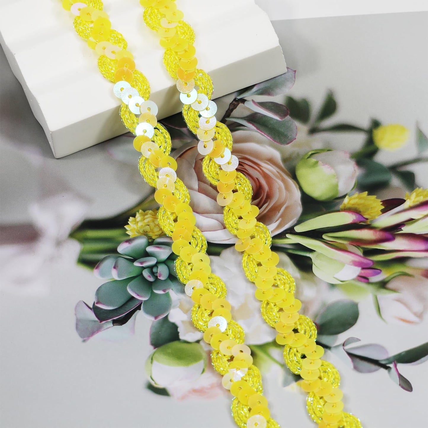 Length12 Yards，Wide 12mm/0.47 inch Yellow Sequin Ribbon Trim,for Sewing DIY Crafts Costume Home Decorative (Yellow)