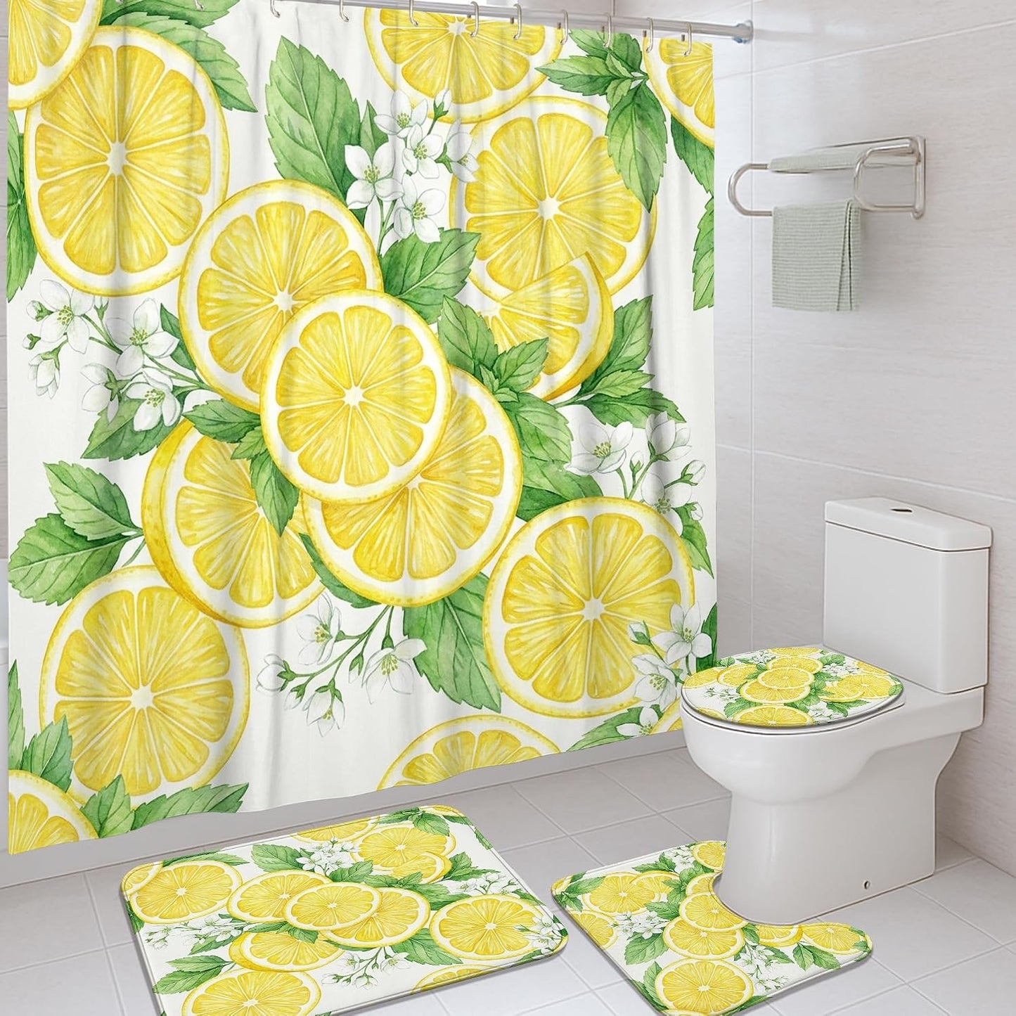 Lemon Shower Curtain Sets, Summer Tropical Leaf Flower Summer Yellow Polyester Waterproof Bathroom Set with Print Cloth Curtains and Rugs for Bathtub Toile Guest Room Decor 72x72 Inch