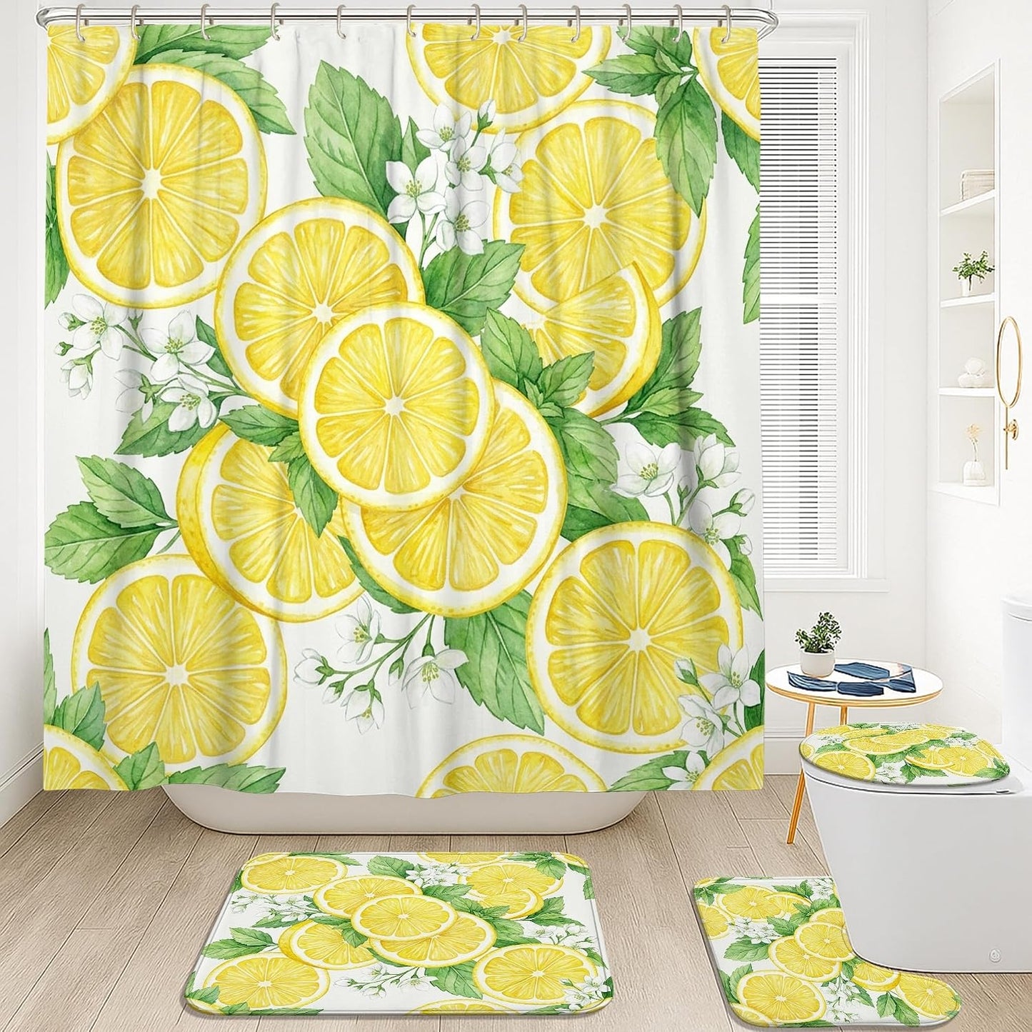 Lemon Shower Curtain Sets, Summer Tropical Leaf Flower Summer Yellow Polyester Waterproof Bathroom Set with Print Cloth Curtains and Rugs for Bathtub Toile Guest Room Decor 72x72 Inch