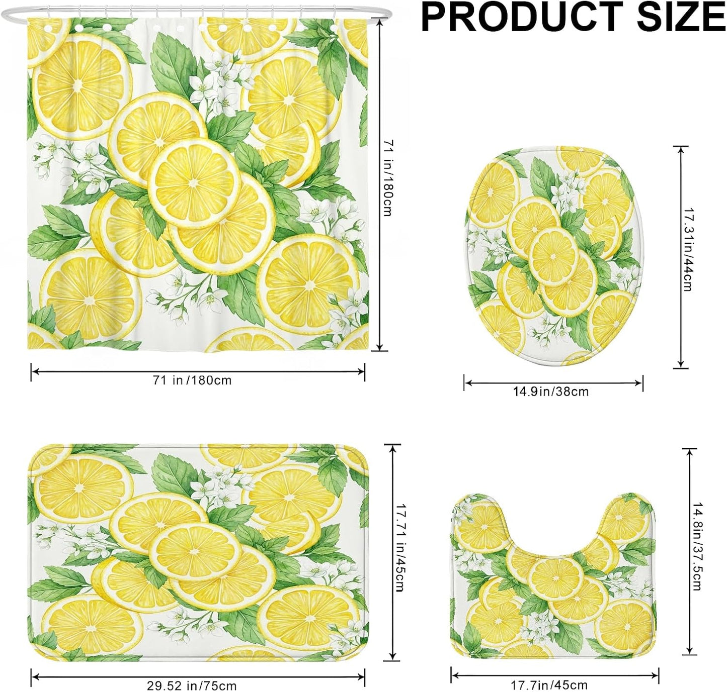 Lemon Shower Curtain Sets, Summer Tropical Leaf Flower Summer Yellow Polyester Waterproof Bathroom Set with Print Cloth Curtains and Rugs for Bathtub Toile Guest Room Decor 72x72 Inch