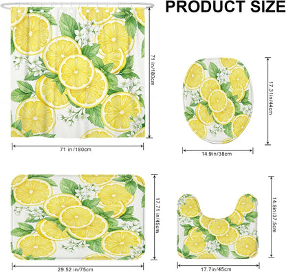 Lemon Shower Curtain Sets, Summer Tropical Leaf Flower Summer Yellow Polyester Waterproof Bathroom Set with Print Cloth Curtains and Rugs for Bathtub Toile Guest Room Decor 72x72 Inch